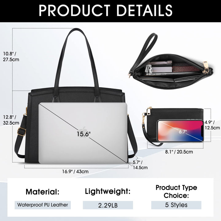 Laptop Bag for Women 15.6 Inch Laptop Tote Bags Waterproof Computer Bag Teacher Work Briefcase Large Capacity Leather Handbag Office Business Shoulder Bag 2PCS Plain Pattern