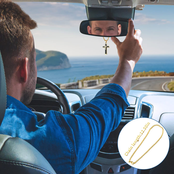 Cross for Car Rearview Mirror Hanging Pendant Accessories Cross Charm for Car Decor Christian Hanging Ornament Jesus Stainless Steel Cross Necklace for Men Women Religious Gift (Black)