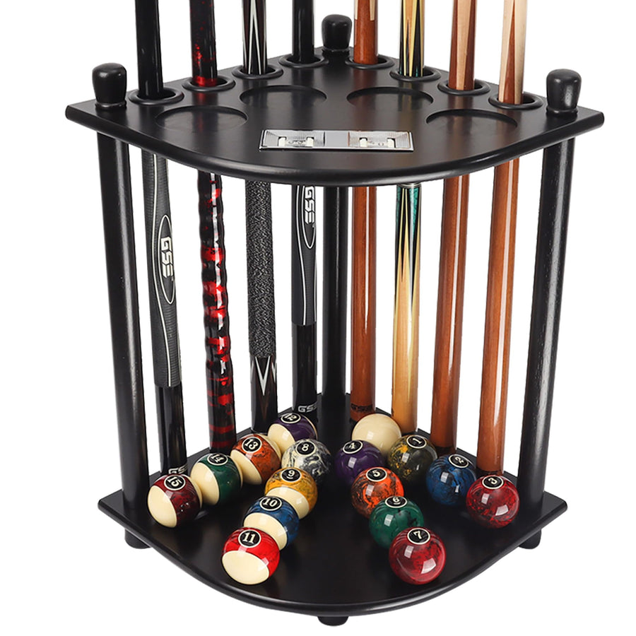 Billiards Pool Stick Holder Only, Corner-Style Floor Stand Billiard Pool Cue Racks with Score Counters, Holds 8 Pool Cue Sticks and a Full Set of Balls (Black)