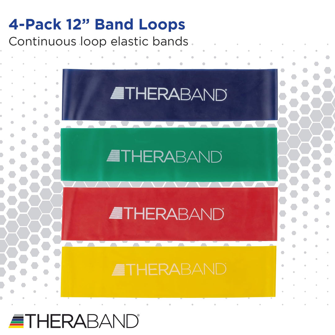 THERABAND Resistance Band Loop Set, Pack of 4, 12 Inch Band Loop Kit for Legs &amp; Butt Workouts, Beginner to Advanced Levels for Exercise, Rehab, Physical Therapy, Stretching, &amp; Strength Training
