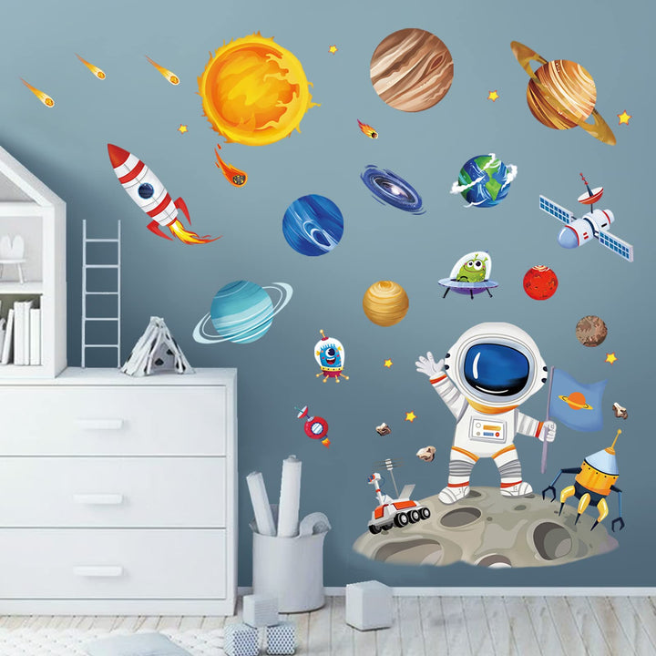 Outer Space Astronaut Wall Stickers Planets Rocket Peel and Stick Wall Art Decals for Baby Nursery Kids Bedroom Playroom
