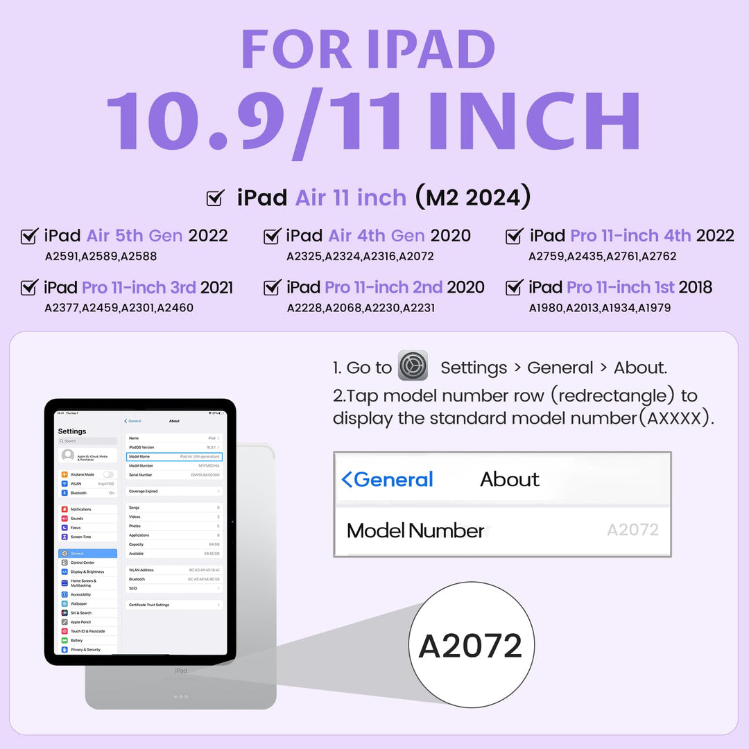 Keyboard Case for iPad Air 11 inch (M2 2024)/10.9 inch Air 5th/4th Gen/iPad Pro 11 1st/2nd/3rd Gen - 7-Color Backlit Detachable Keyboard, Folio Cover with Pencil Holder - Purple