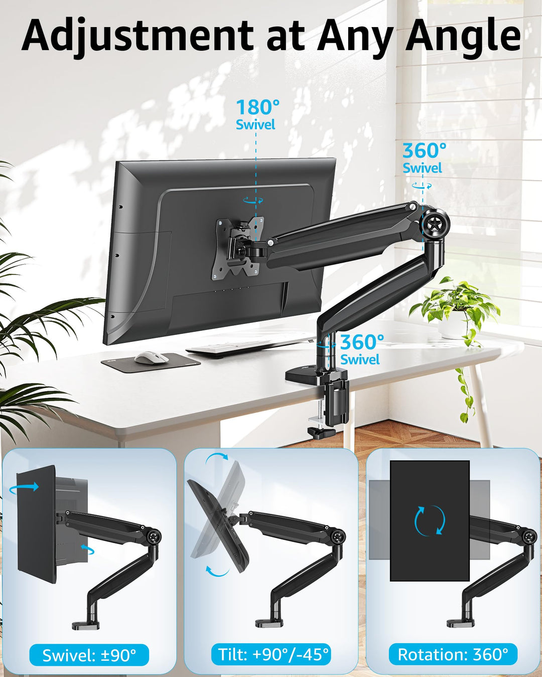 Single Monitor Stand for 13-35 Inch Larger Screen, Heavy Duty Monitor Arm Holds up 4.4-30.9 lbs, Fully Motion Gas Spring Monitor Mount, Computer Monitor Stand with C-Clamp &amp; Grommet Base