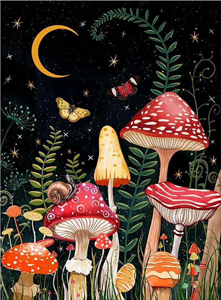 5D DIY Full Drill Round Art Gems Mushroom Star and Moon Forest Diamond Art Perfect for Home Wall Deco, Mushroom Diamond Painting Kits for Adults(12 x 16 inch)