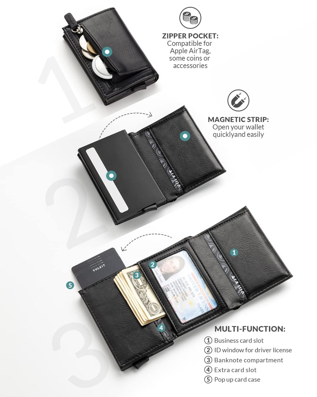 Pop up Wallet RFID Blocking Leather Credit Card Wallet with Banknote Compartment, ID Window &amp; Coin Pocket (Black)