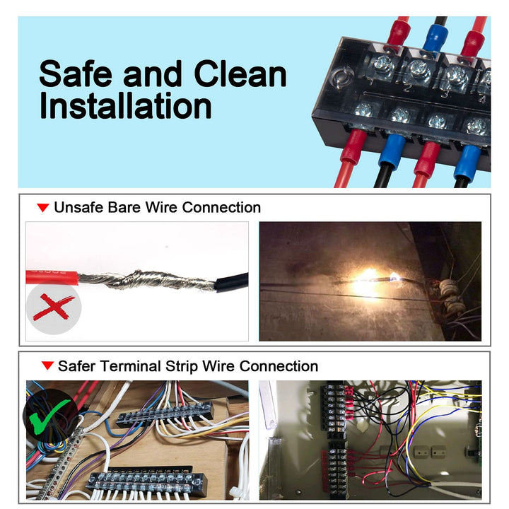 Terminal Block and Strip - 6 Sets 8/10/12 Positions 600V 15A Dual Row Wire Screw Terminal Strip Block with Cover + 400V 15A Pre-Insulated Terminals Barrier Strips Jumpers (Black &amp; Red)