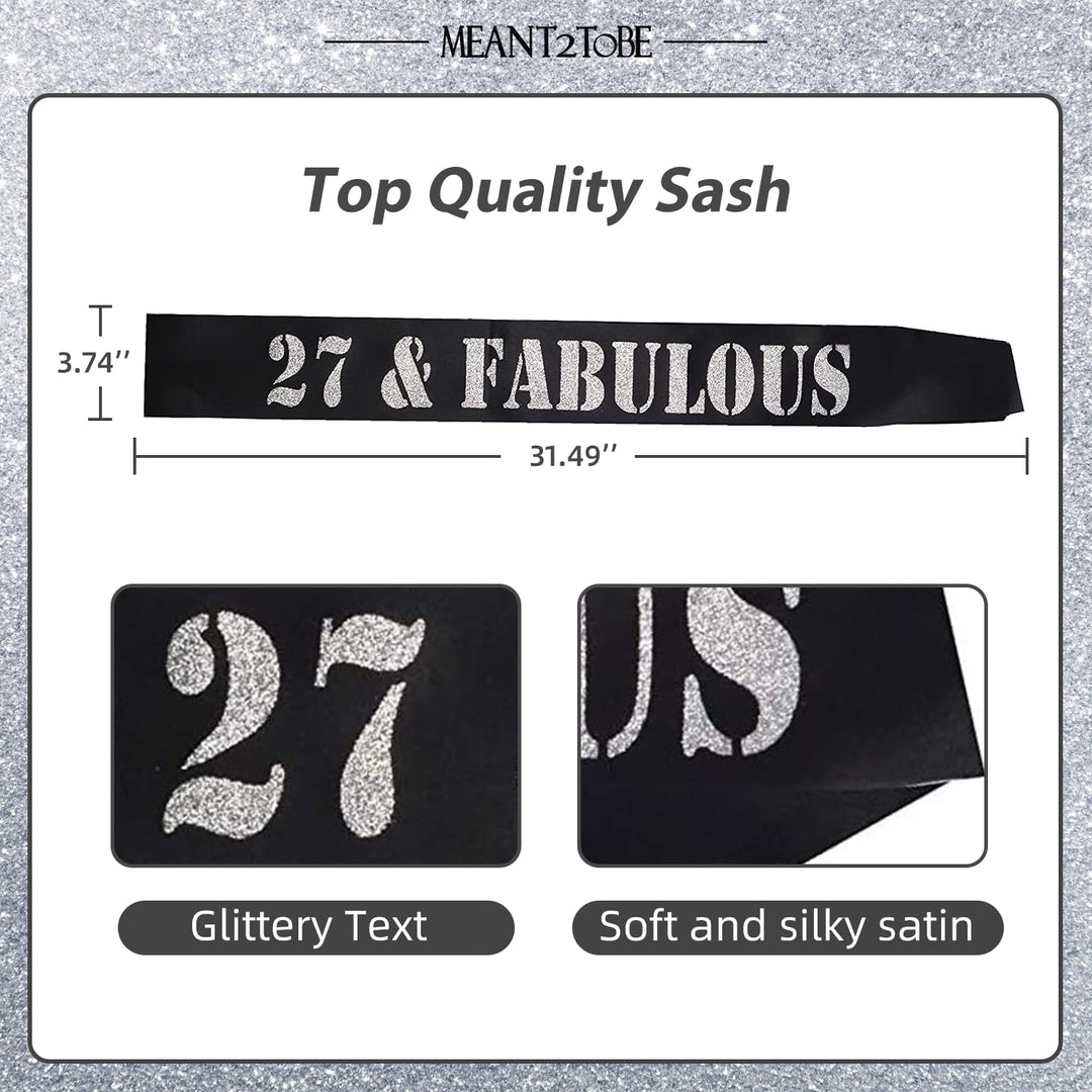27th Birthday Tiara and Sash silver, 27th Birthday Gifts for woman, HAPPY 27th Birthday Party Supplies, 27 &amp; Fabulous Glitter Satin Sash and Crystal Tiara Birthday Crown for 27th Birthday Party Suppli