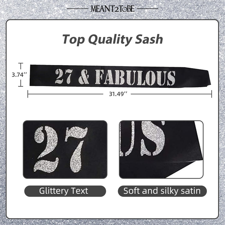 27th Birthday Tiara and Sash silver, 27th Birthday Gifts for woman, HAPPY 27th Birthday Party Supplies, 27 &amp; Fabulous Glitter Satin Sash and Crystal Tiara Birthday Crown for 27th Birthday Party Suppli