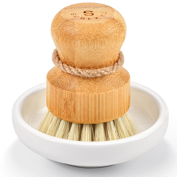Bamboo Dish Scrub Brush for Kitchen Sink, Natural Wooden Washing Dish Brush Scrubber, Sisal Bristles Brush for Household Cleaning Cast Iron Brush Pots, Pans and Vegetables