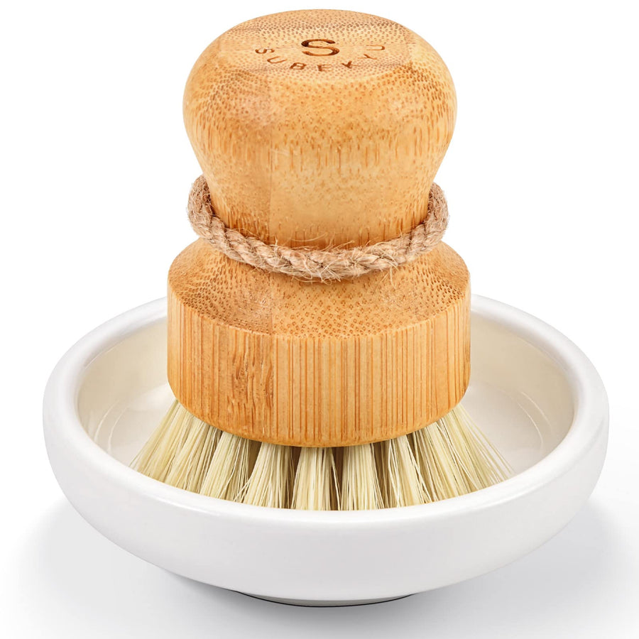 Bamboo Dish Scrub Brush for Kitchen Sink, Natural Wooden Washing Dish Brush Scrubber, Sisal Bristles Brush for Household Cleaning Cast Iron Brush Pots, Pans and Vegetables