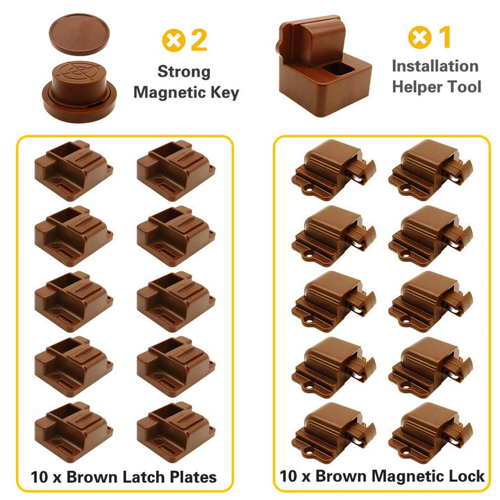 10 Pack Baby Safety Magnetic Cabinet Locks, Maveek Child Proofing & Easy Installation Magnet Latches for Cupboard & Drawers, 10 Safety Locks +2 Magnetic Keys, Brown