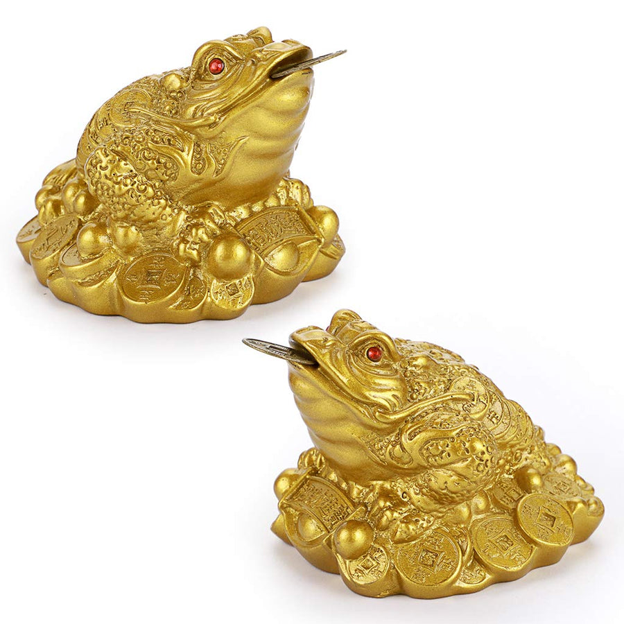 2 Pcs Money Toad Statue, Feng Shui Three Legged Toad with Coin, Lucky Charm Wealth Frog for Cash Register, Office Desk, House Warming, Store Opening Gift (Gold)