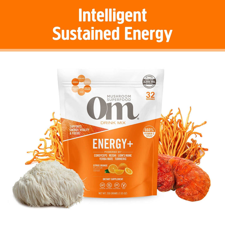 OM MUSHROOM SUPERFOOD Energy Plus Mushroom Powder Drink Mix, Citrus Orange, 7.05 Ounce, 32 Servings, Mushroom Blend, Cordyceps, Yerba Mate, Tumeric, Vitamin B Complex, Pre-Workout, Immune Supplement