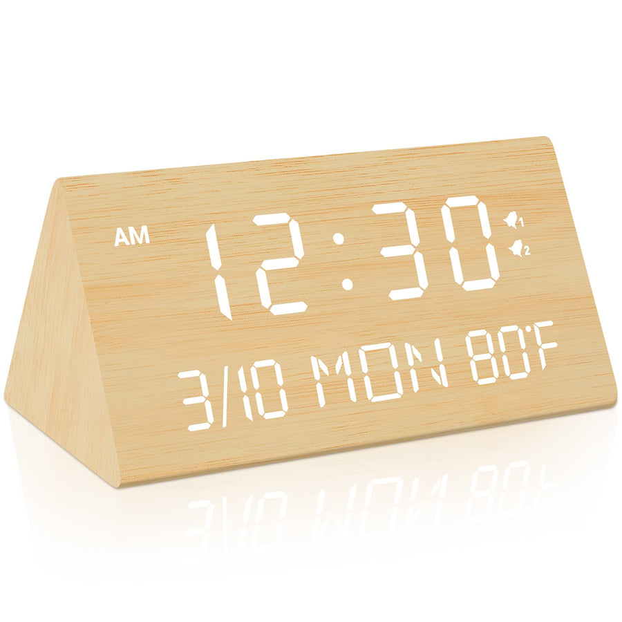 Wooden Digital Alarm Clock, 0-100% Dimmer, 2 Alarm Settings, Weekday/Everyday Mode, 9 Mins Snooze, 12/24H, Temperature and Date Display for Office, Travel, Bedroom Alarm Clock (Bamboo)