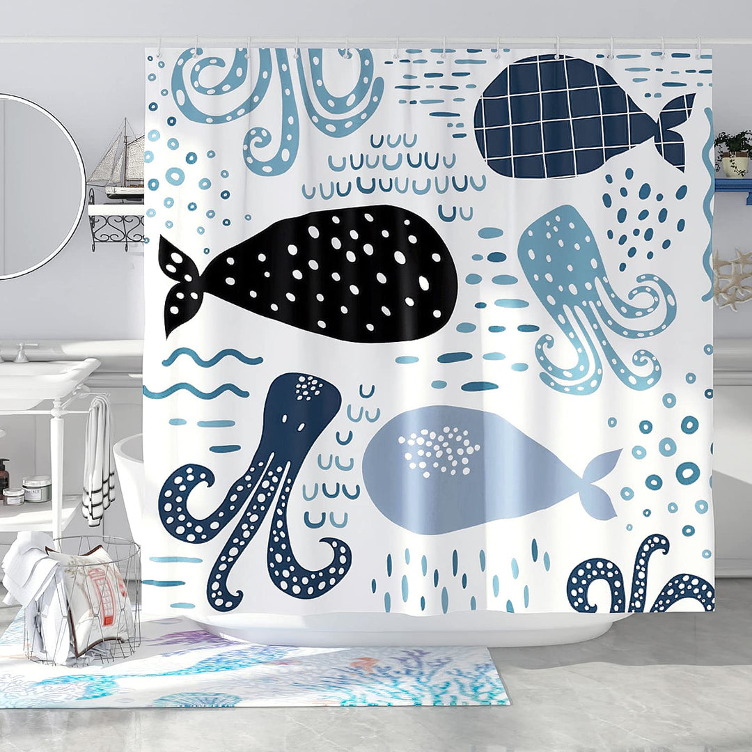 Blue Whale Shower Curtain Set Cool Funny Ocean Cartoon Shower Curtains for Bathroom Cute Kids Bathroom Decor Polyester Fabric-72 x 72