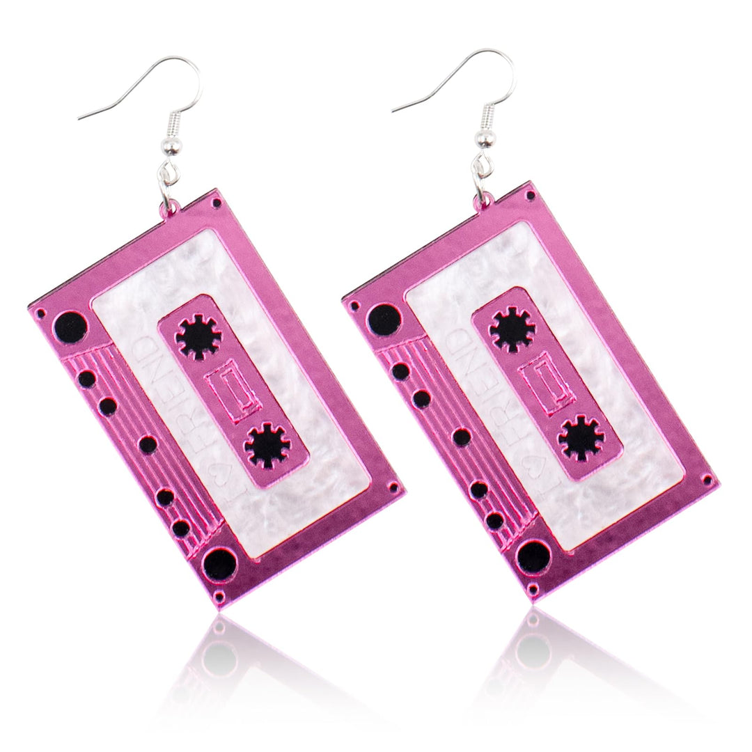 ® 1980s Fashion Acrylic Earrings for 80’s Party Women Punk Retro Cassette Crush Colorful Drop Dangle Party Night Club Pretty (Pink)
