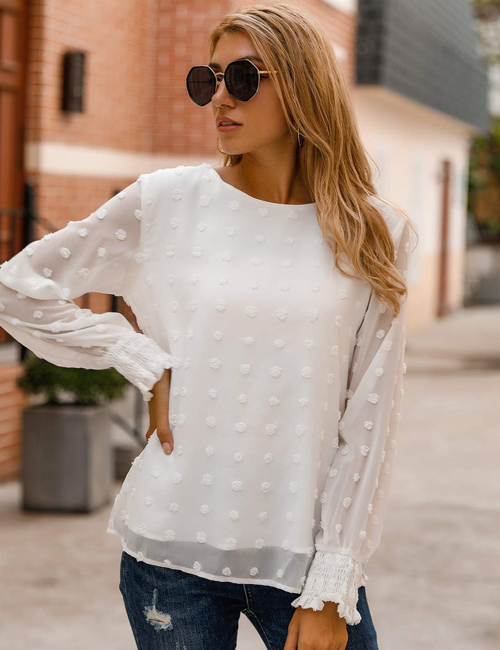 Womens Chiffon Blouses Elegant Lantern Long Sleeve Round Neck Tops Pom Pom Shirts(XXL,White)