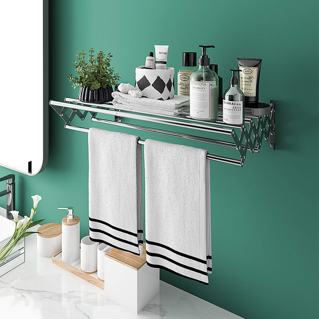 Wall Mounted Clothes Drying Rack, Accordion Retractable Drying Rack for Laundry Room/Bathroom Tower,Easy to Install 31.5-inch Rod, 60 lb Capacity- Indoor and Outdoor Use