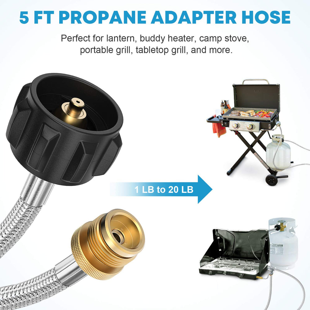 5FT POL Propane Adapter Hose with Gauge 1lb to 20lb Converter, Stainless Braided Propane Hose for Buddy Heater, Coleman Stove, Tabletop Grill and More 1 LB Portable Appliance to 5-100 LB Tank