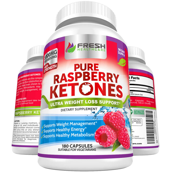 Pure 100% Raspberry Ketones Max 1000mg Per Serving - 3 Month Supply Non GMO - Advanced Weight Loss Support - 180 Capsules