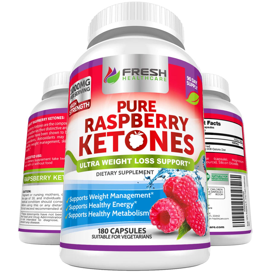 Pure 100% Raspberry Ketones Max 1000mg Per Serving - 3 Month Supply Non GMO - Advanced Weight Loss Support - 180 Capsules