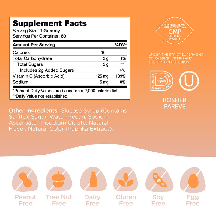 - Chapter One Vitamin C Gummies for Adults &amp; Kids 125 mg (60 Flavored Gummies) Certified Kosher Gummy Vitamins C Chewable Vitamin Gummies - Chewable Vitamin C Gummy - Vitamin C Gummies Kids