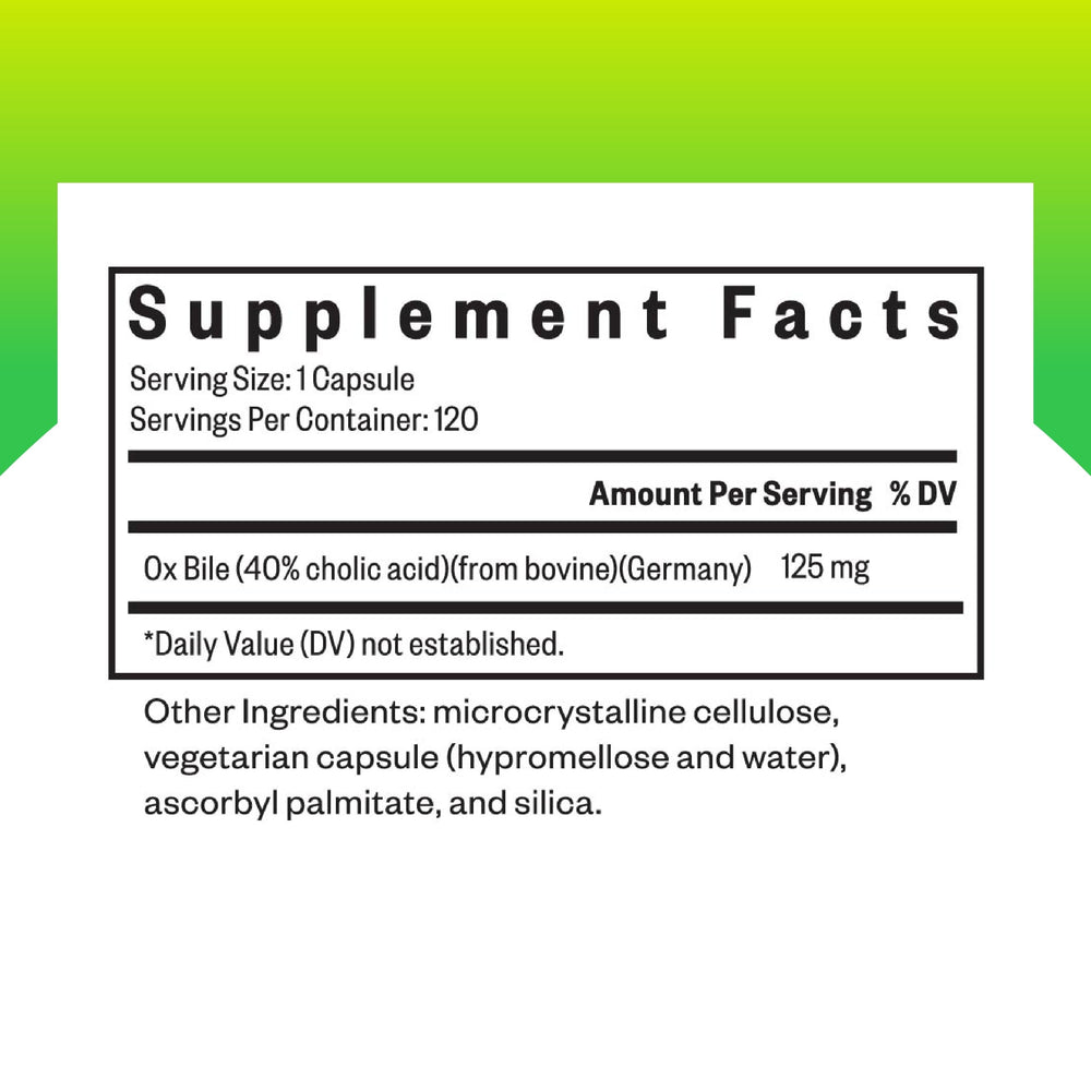 Ox Bile, 125 mg Digestive Enzyme Supplement, Gallbladder Support, Histamine Intolerance Support, Vegetarian Capsules (120 Capsules)