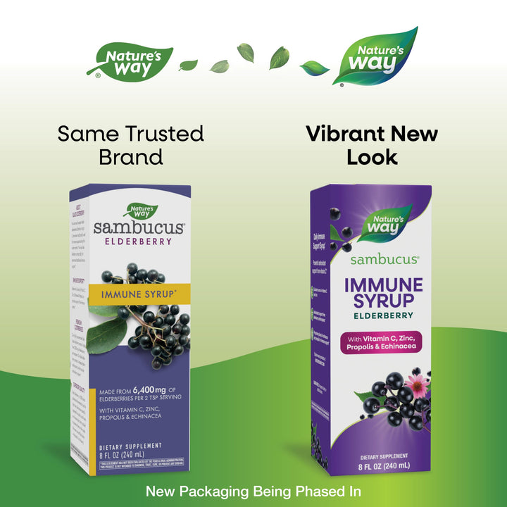 Nature&#39;s Way Sambucus Immune Syrup, Elderberry Extract, Vitamin C, Zinc, Echinacea, Propolis, Daily Immune Support*, Antioxidant Support*, Gluten free, Vegetarian, 8 Fl Oz (Packaging May Vary)
