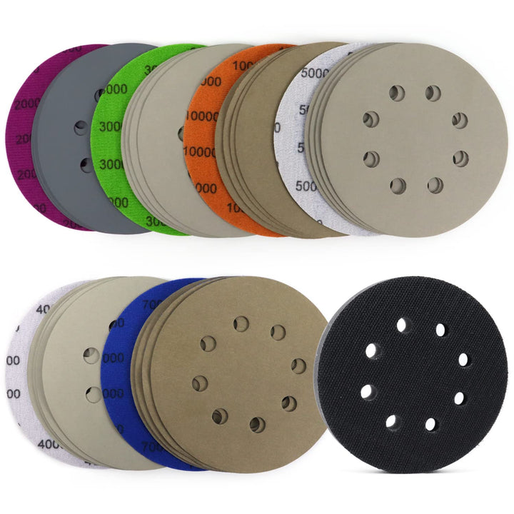 5 Inch Sanding Discs Hook and Loop 8 Hole Heavy Duty Silicon Carbide Sandpaper 2000 3000 4000 5000 7000 10000 Grit with Interface Pad for Wet/Dry Sanding Grinder Polishing,30 Pack