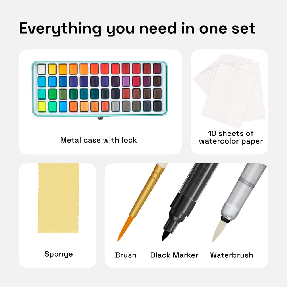 Watercolor Paint Set, 48 Vivid Colors in Portable Box, Palette set, Including Metallic and Fluorescent Colors. Perfect Travel Watercolor Set for Artists, Amateur Hobbyists and Painting Lovers