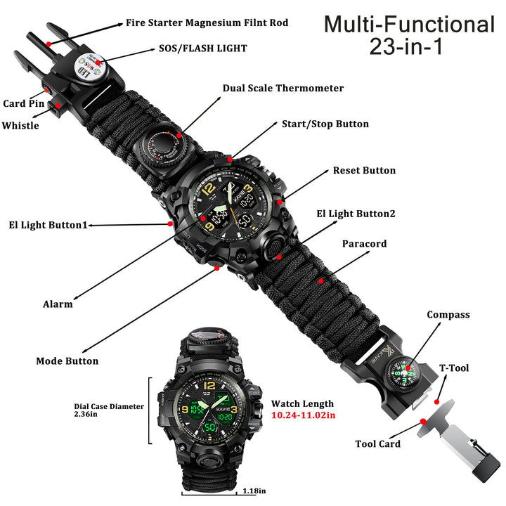 Mens Tactical Military Digital Watch, 23-in-1 Survival Multi-Functional Army Outdoors Waterproof Sports Watches LED Electronic Wristwatches with Compass Paracord Band