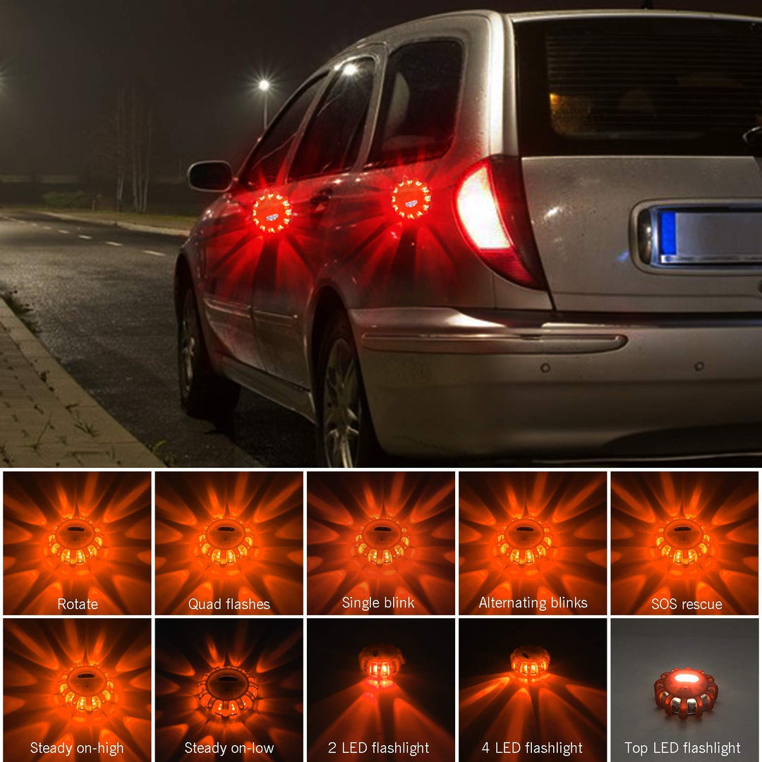 [8 Pack] LED Road Flares Safety Flashing Warning Light Roadside Emergency Disc Beacon Kit for Vehicles Boats with Magnetic Base &amp; Hook, Premium Storage Bag (Batteries Not Included) (8)