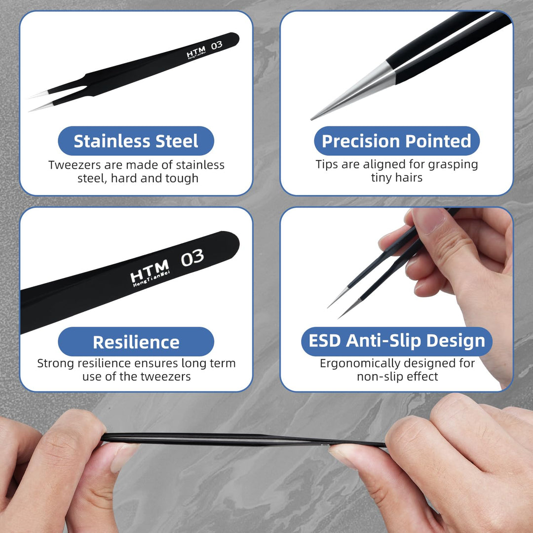 Precision Tweezers Set Anti-static ESD Tweezers Kit, Equipped with carving knife, metal crowbar and storage bag (12 PCS)
