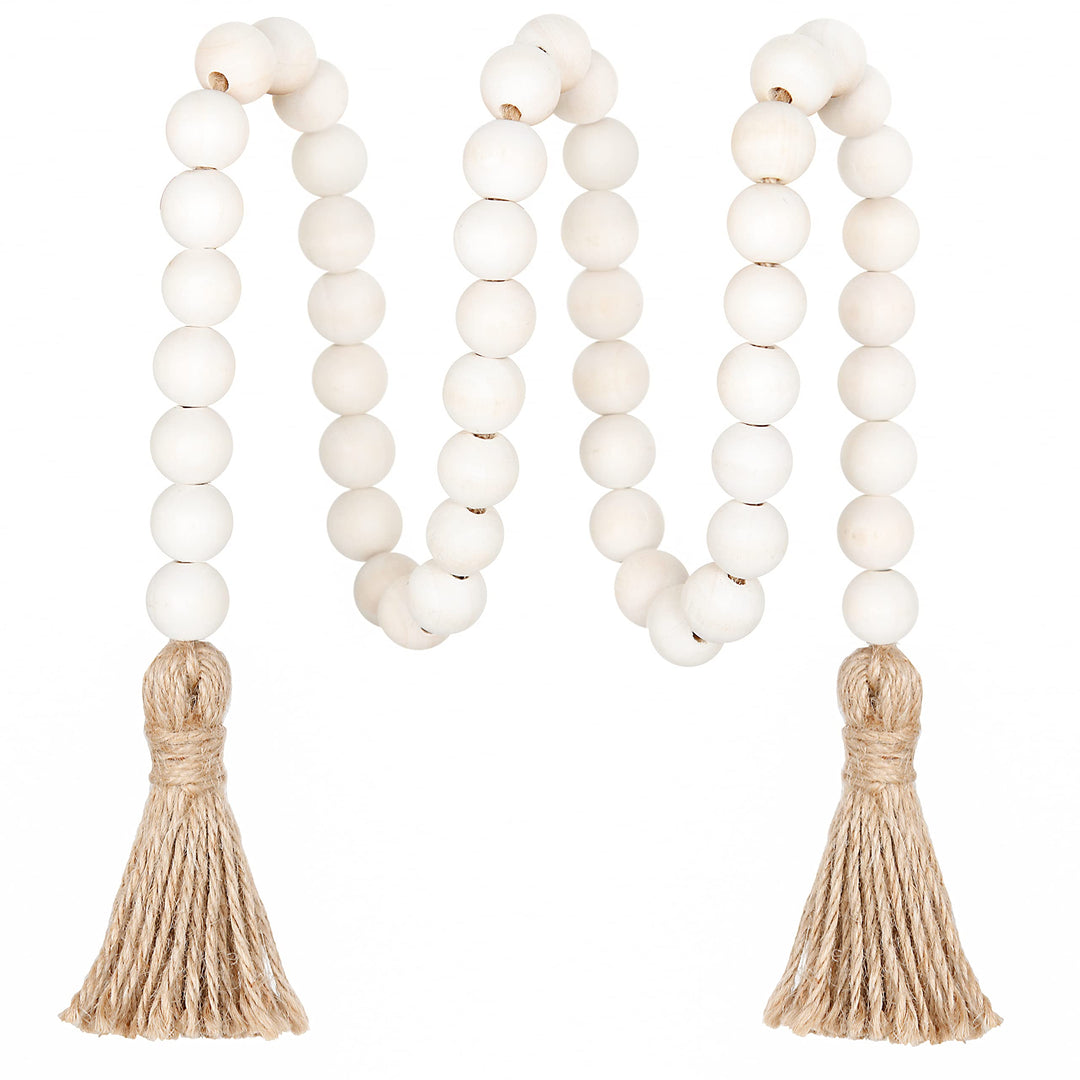 39in Wood Bead Garland Farmhouse with Tassels,Versatile Prayer Beads Boho Chic Wall Hanging Home Decor(Natural)