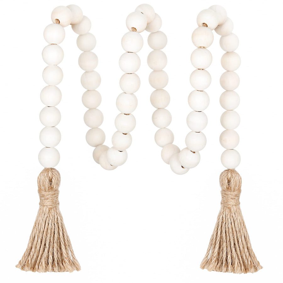 39in Wood Bead Garland Farmhouse with Tassels,Versatile Prayer Beads Boho Chic Wall Hanging Home Decor(Natural)