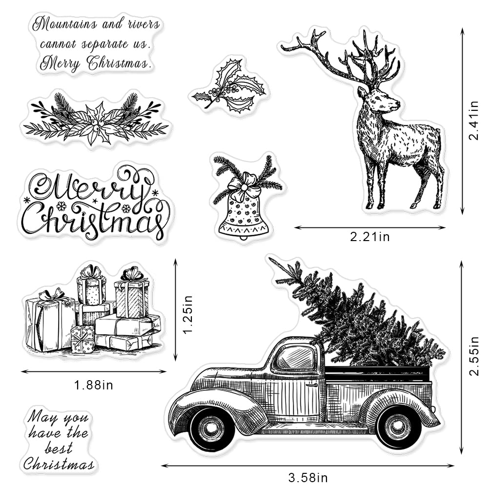 Christmas Tree Truck Clear Stamps for Card Making and Photo Album Decorations, Christmas Greeting Words Silicone Stamps Elk Deer Gift Transparent Rubber Stamps Seal for DIY Scrapbooking