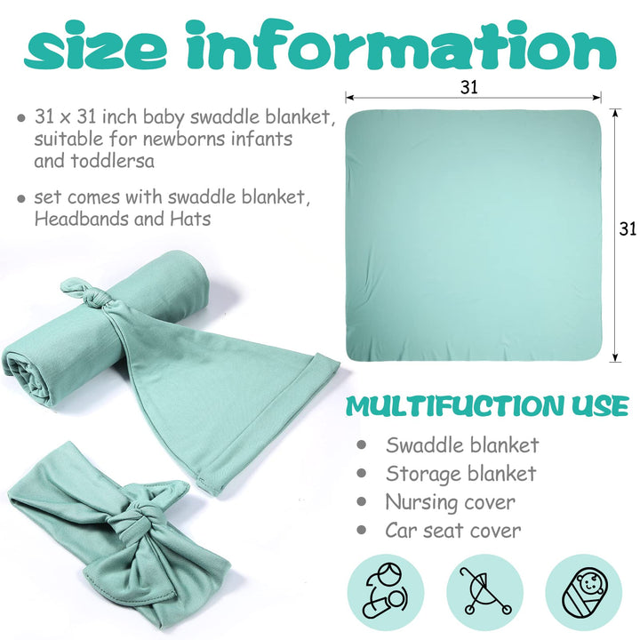 4 Set Newborn Swaddle and Headband Set Cotton Swaddle Hat Set Wrap Receiving Stretchy Swaddle Blankets Swaddle and Bow Set Newborn Beanie Newborn Hat and Swaddle (Light Green, Gray, Pink, Light Khaki)