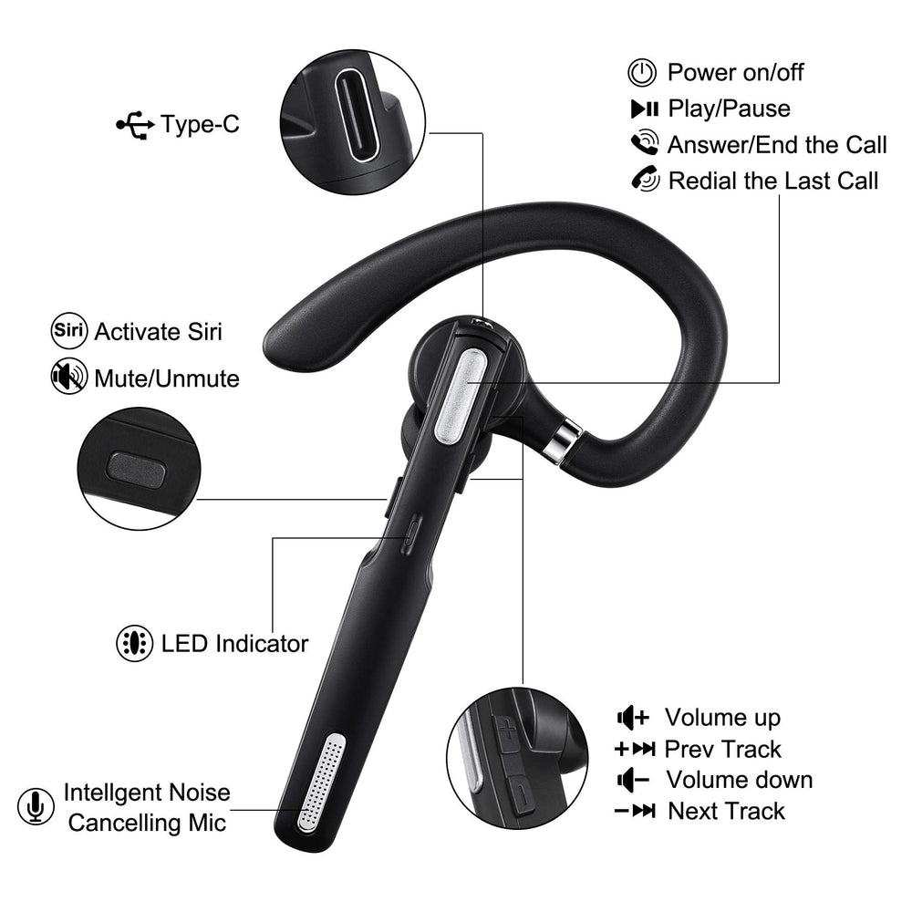 Bluetooth Headset, Wireless Bluetooth Earpiece V5.0 8-10 Hours Talktime Stereo Noise Cancelling Mic, Compatible for iPhone Android Cell Phones Driving/Business/Office (Black)