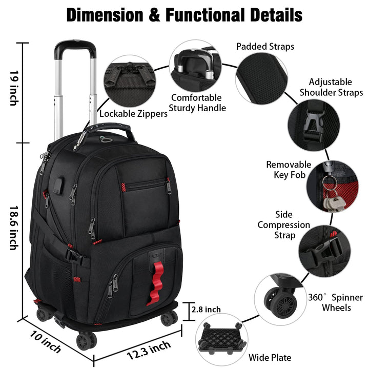 Rolling Backpack with Wheels, Backpack on Wheels for Adults with USB Charging Port, 17 inch Wheeled Roller Laptop Backpack for Travel Business College, Gifts for Men Women, Black