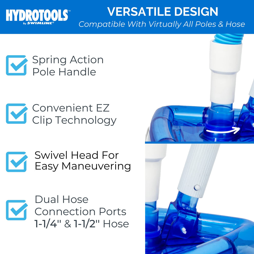 SWIMLINE HYDROTOOLS Manual Pool Vacuum Head Attachment For Inground &amp; Above Ground Pools |Weighted Swimming Pool Vac Head Clear Triangle Shape W/ Bristles| Swivel Hose 1-1/4 or 1-1/2’’| 8145