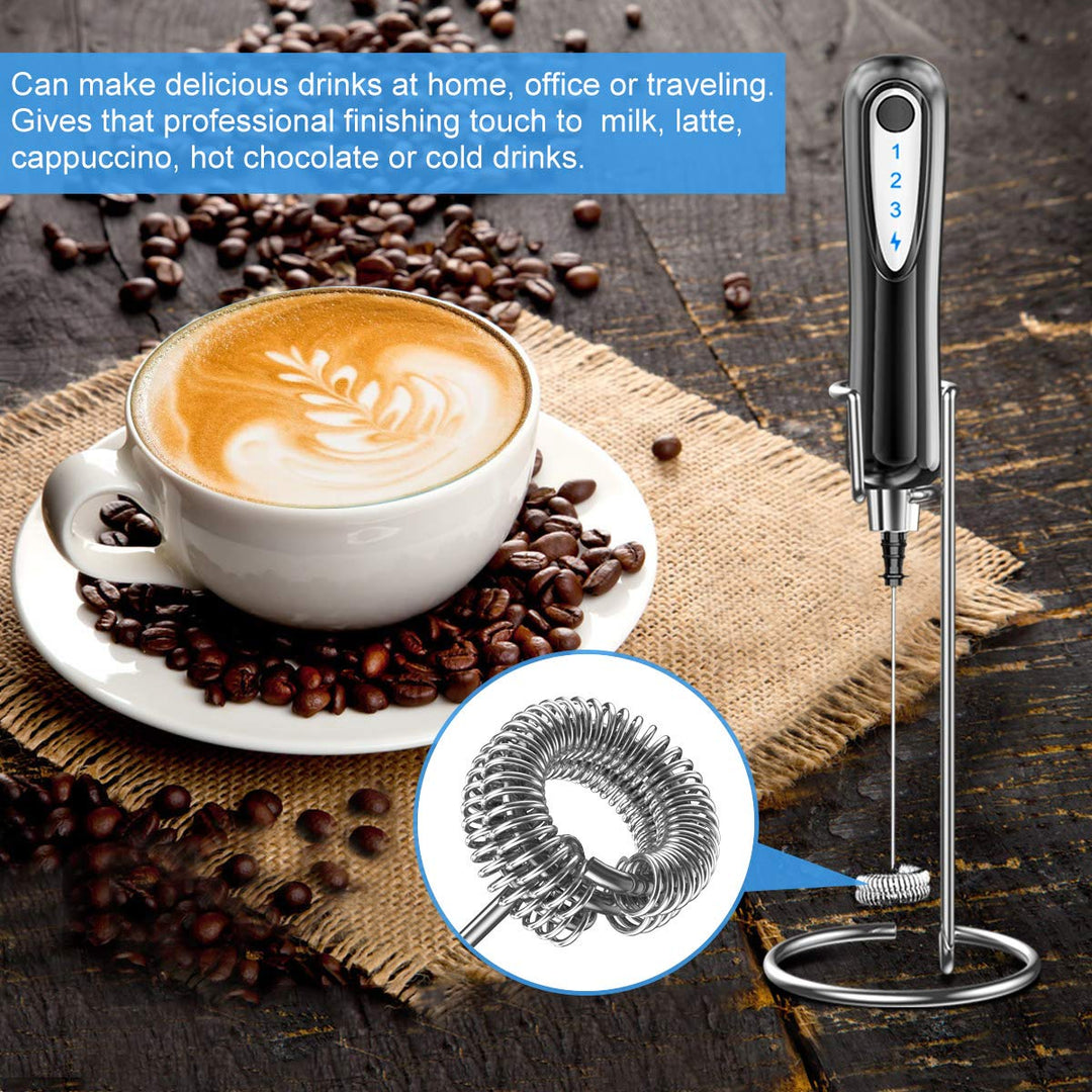 Milk Frother Handheld, USB Rechargeable 3 Speeds Mini Electric Milk Foam Maker Blender Mixer for Coffee, Latte, Cappuccino, Hot Chocolate, Egg Whisks &amp; Stainless Steel Stand Included