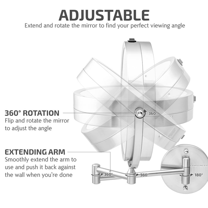 9 Lighted Wall Mount Makeup Mirror with 1X/7X Magnification, Cordless Double Sided Magnifying Round Vanity Mirror, 360° Swivel Design, Extendable and Folding Arm, Nickel Brushed MFW85BR1X7X