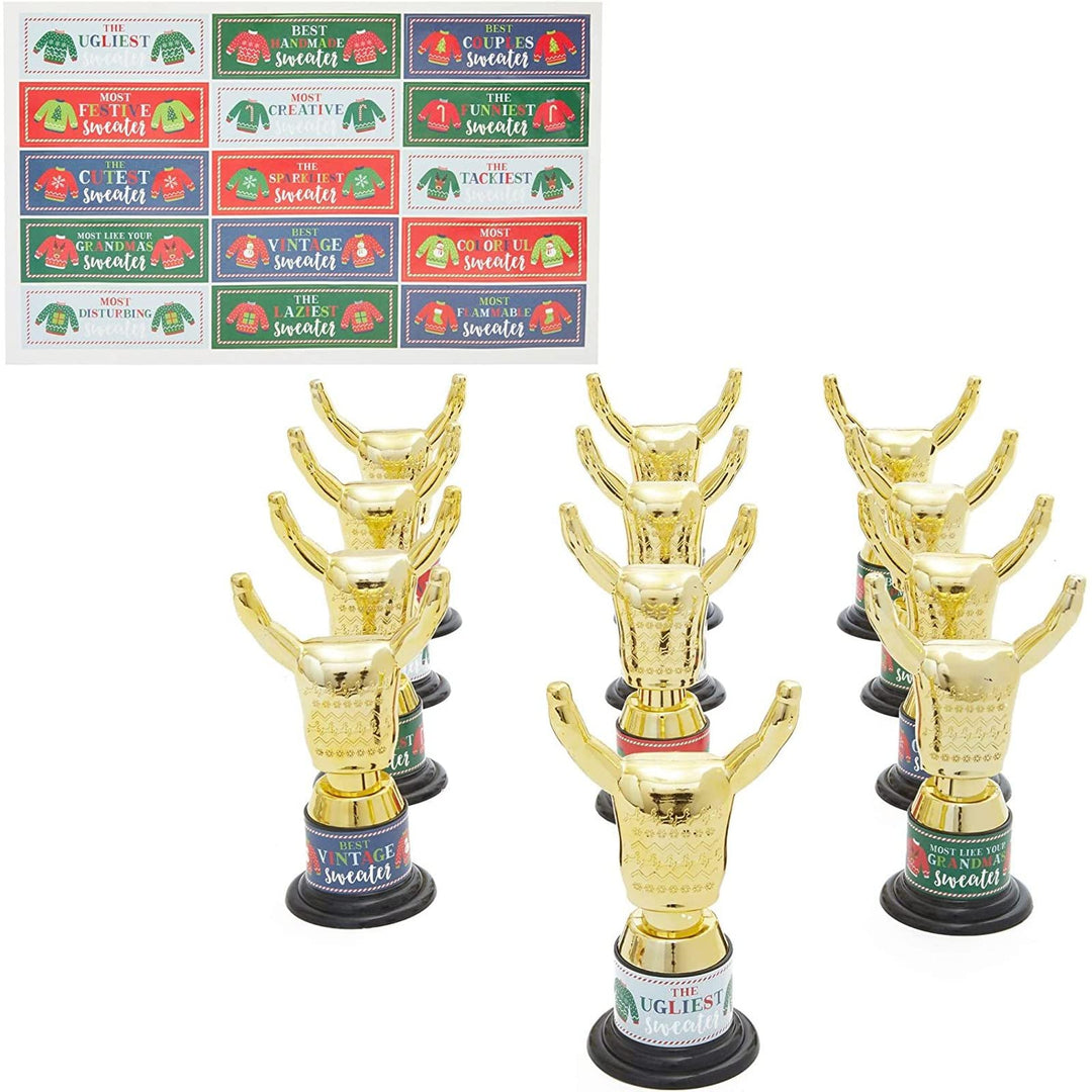 Christmas Party Ugly Sweater Award Trophy Set with Stickers – Pack of 12