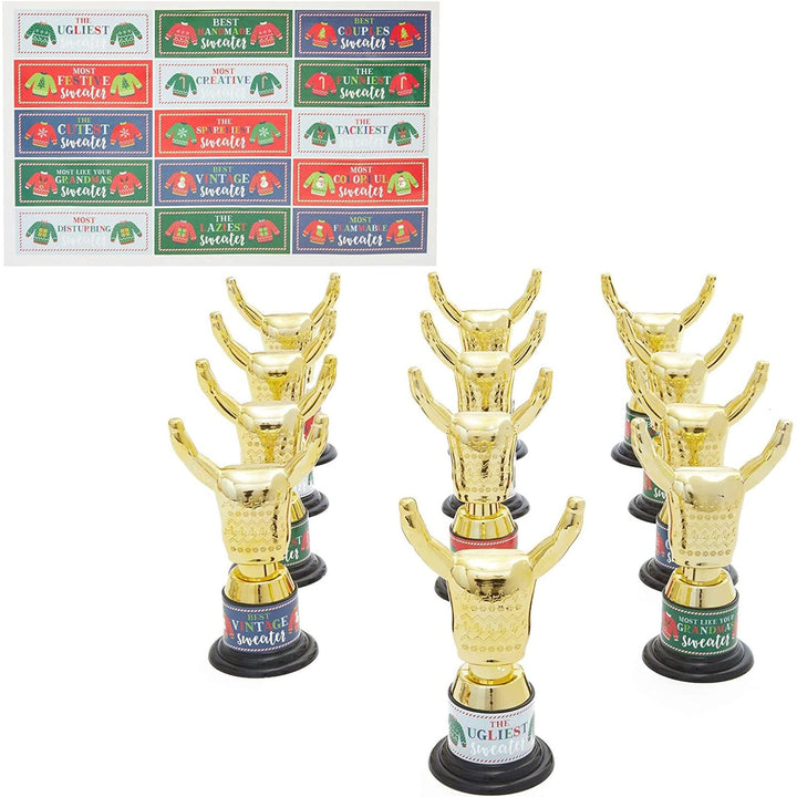 Christmas Party Ugly Sweater Award Trophy Set with Stickers – Pack of 12