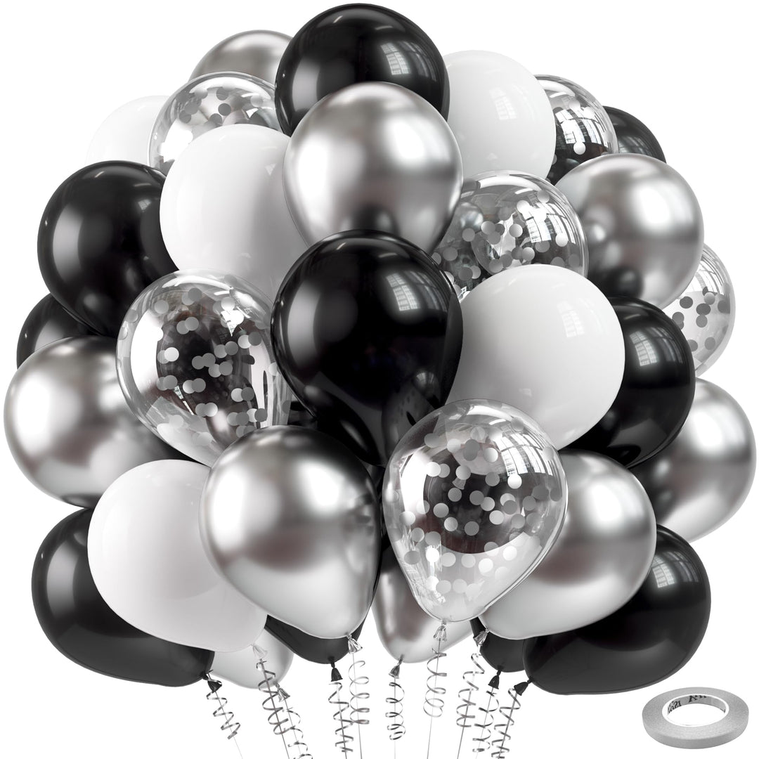 Black Silver Confetti Latex Balloons,60pcs 12 inch Black White Silver Metallic Chrome and Silver Confetti Balloons for Birthday, Baby Shower, Wedding, and Silver Theme Party Decoration