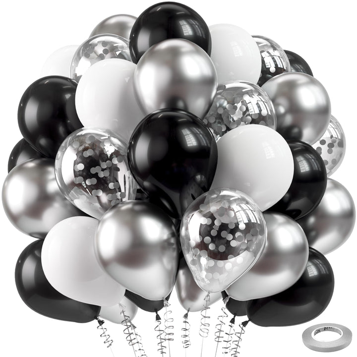 Black Silver Confetti Latex Balloons,60pcs 12 inch Black White Silver Metallic Chrome and Silver Confetti Balloons for Birthday, Baby Shower, Wedding, and Silver Theme Party Decoration