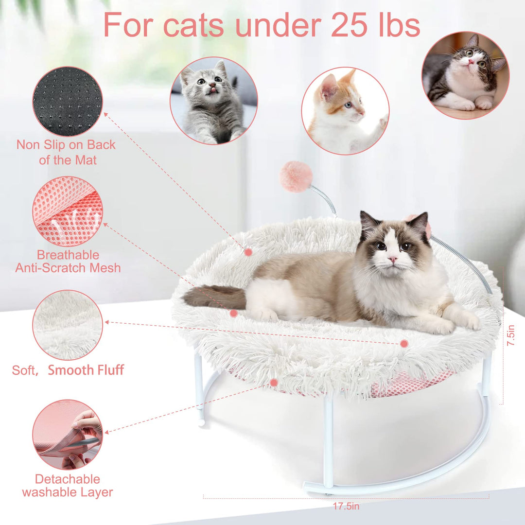 Cat Beds for Indoor Cats,Pet Hammock Bed, Cat Calming Cushion Bed, Anti-Slip Faux Fur Fluffy Round Washable Cat Bed with Plush Mat & Cat Toy Balls,Fits up to 25lbs, Pet Bed for Kitty and Puppy-Pink
