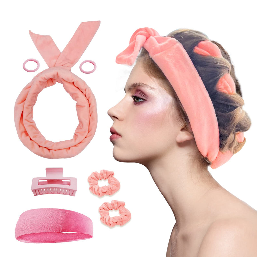 Extra Long Heatless Velour Curling Rod Headband for Overnight Hair Curls - 61 No Heat Soft Cotton Curling Ribbon Kit for Women (Pink)
