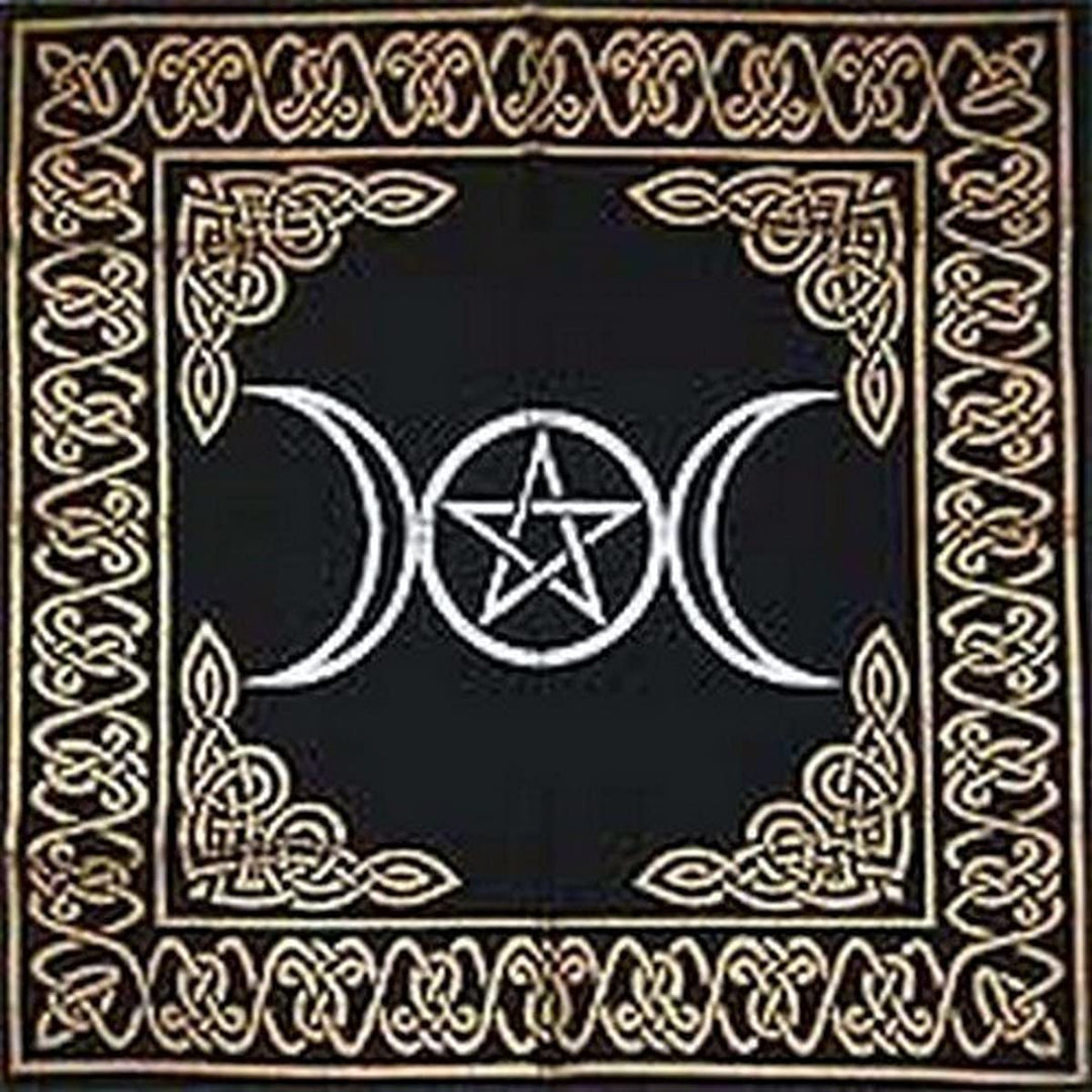 Altar Tarot Cloth: Triple Goddess With Pentagram - 24 x 24 (Gold/Silver on Black Pentacle/Pentagram)