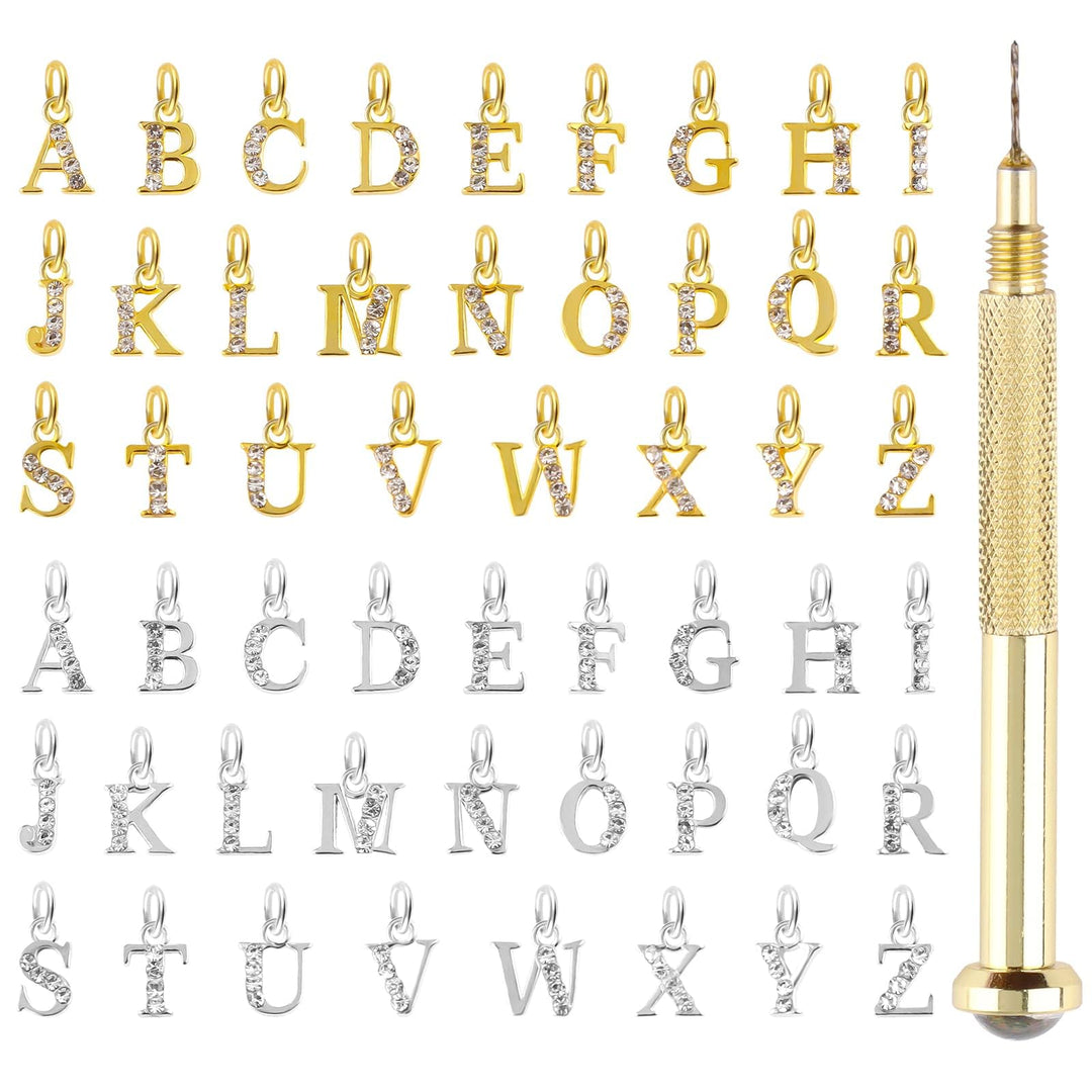 Letter Dangle Nail Charm, 3D Piercing Alphabet Rhinestone Alloy Jewelry Hoops with Nail Piercing Tool Hand Drill for Birthday Nail Art Decoration